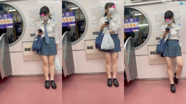 JK盗撮日記14 青チェックミニスカ制服JKを電車内で盗撮