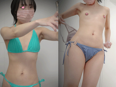 【水着試着】美乳パイパン/黒髪ショートヘア/生着替え/隠し撮り【素人】