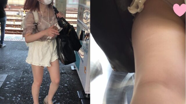 アイドルフェイス美女の短パン隙間からパンティー逆さ撮り