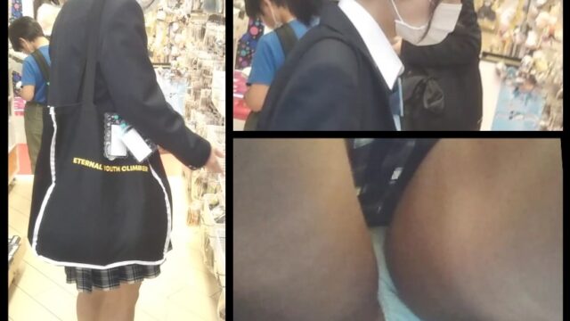 ☆制服女子２名セット★ポニテ制服少女&ロングヘア女子☆ 純白生Pと食い込み黒Pを直下撮り☆逆さ撮り