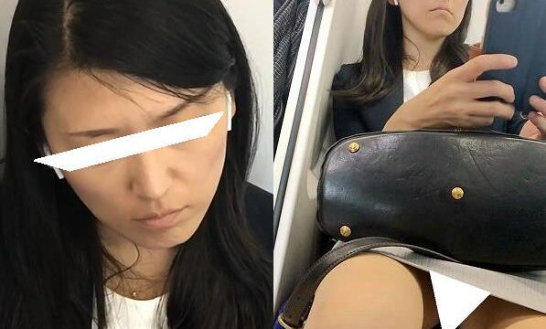 (電車対面）(顔出し)厳しい表情を見せるOL奥さま…お仕事のことでお悩み中のところ…ひらくパンストあんよの間を観察してみました!