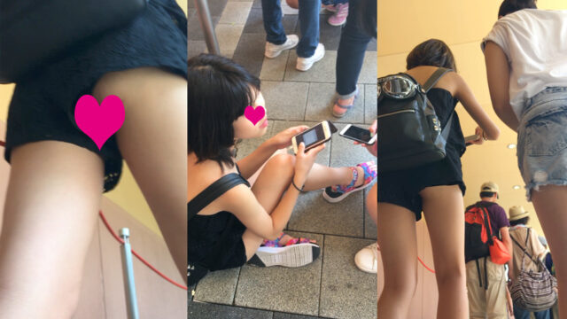 【4K街撮り】テーマパーク!!童顔ＪＫの隙間から尻肉とパンチラ！！