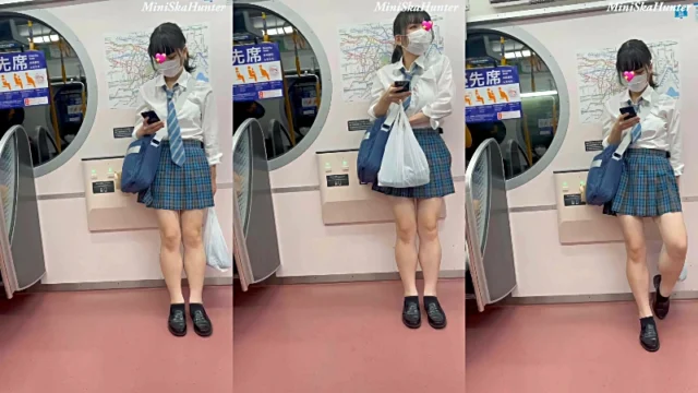 JK盗撮日記14 青チェックミニスカ制服JKを電車内で盗撮 [642MB]