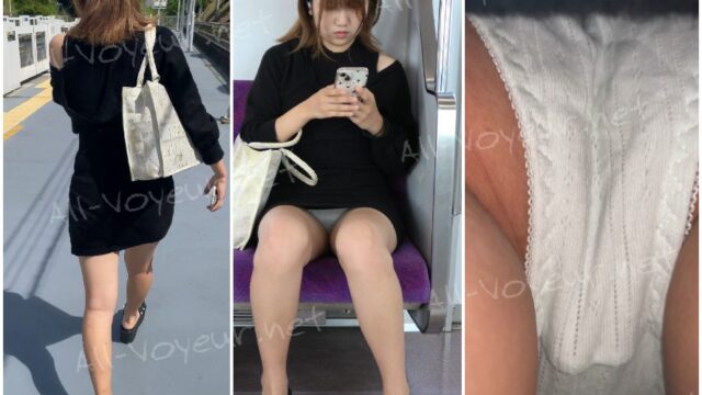 ニットワンピの朝帰りかわいいい推定JDちゃん、座っても立っても丸見え[4K動画][顔出し][ドアップあり]